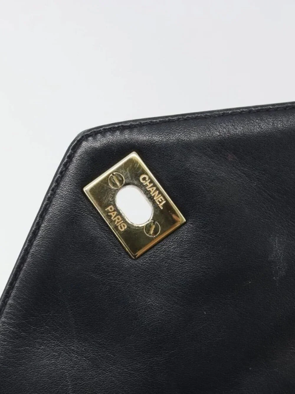 CHANEL V Stitch Shoulder Bag Lamb Skin Navy Gold CC Auth bs35440